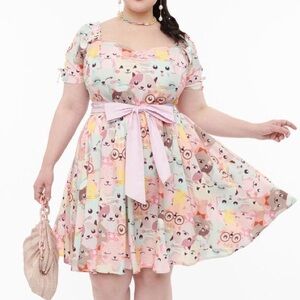 Charming Cat Print Dress in Pink